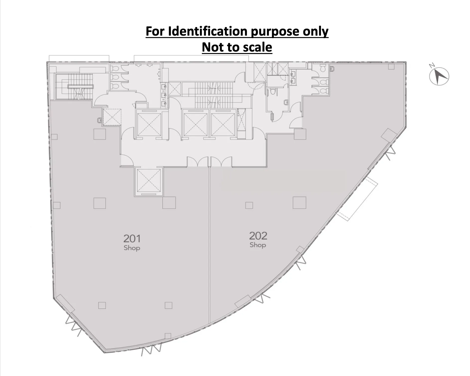 Ref#2990 floor plan (For Identification Purpose Only, Not to Scale) features two spacious shop areas (201 & 202) ideal for renting retail or restaurant space, plus elevators, staircases, entrances, utility rooms; north arrow top right.