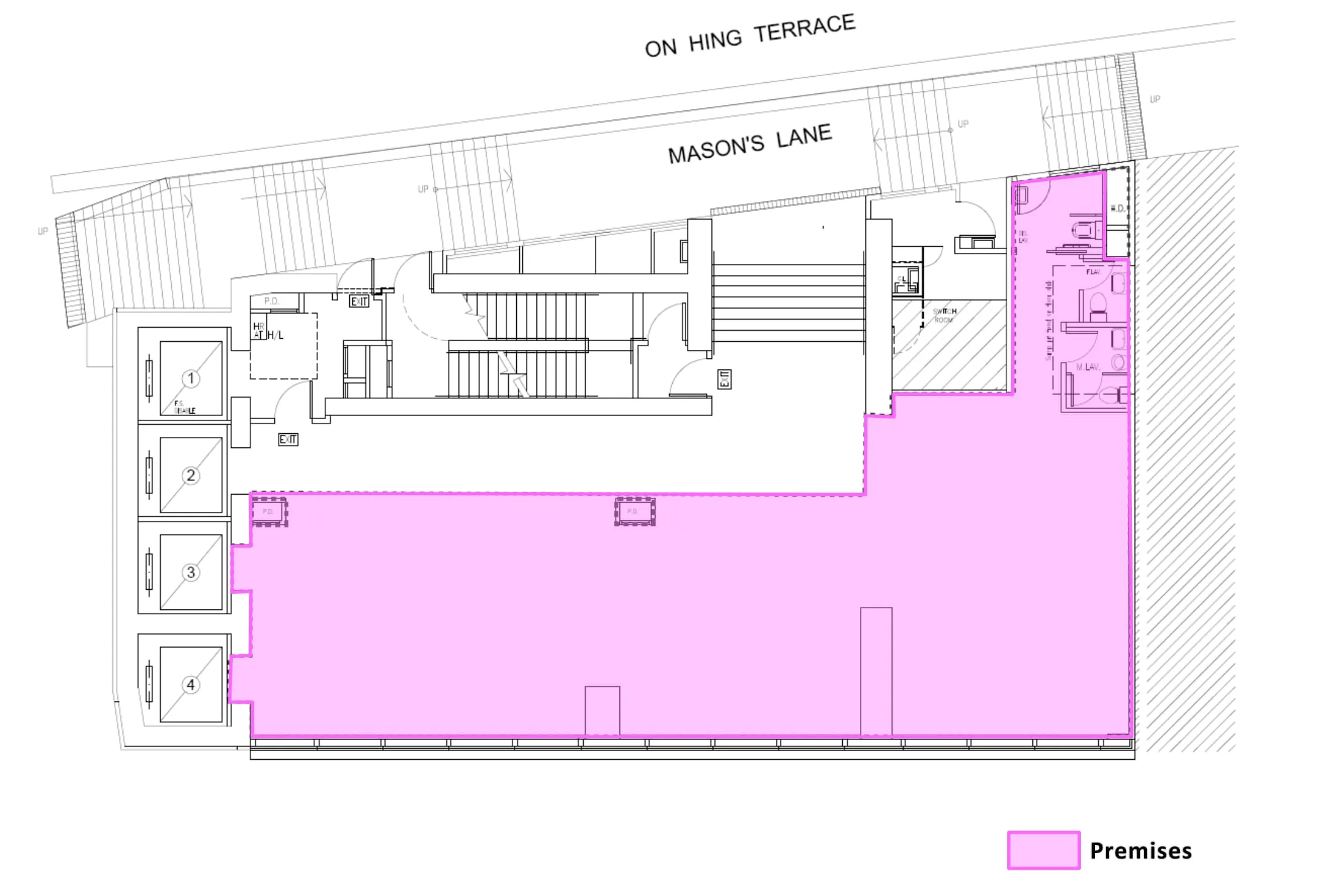 Ref#3006 offers a floor plan highlighting the premises area in pink at the corner of On Hing Terrace and Mason’s Lane, ideal for a restaurant or shop, with restrooms, staircases, and various rooms shown.