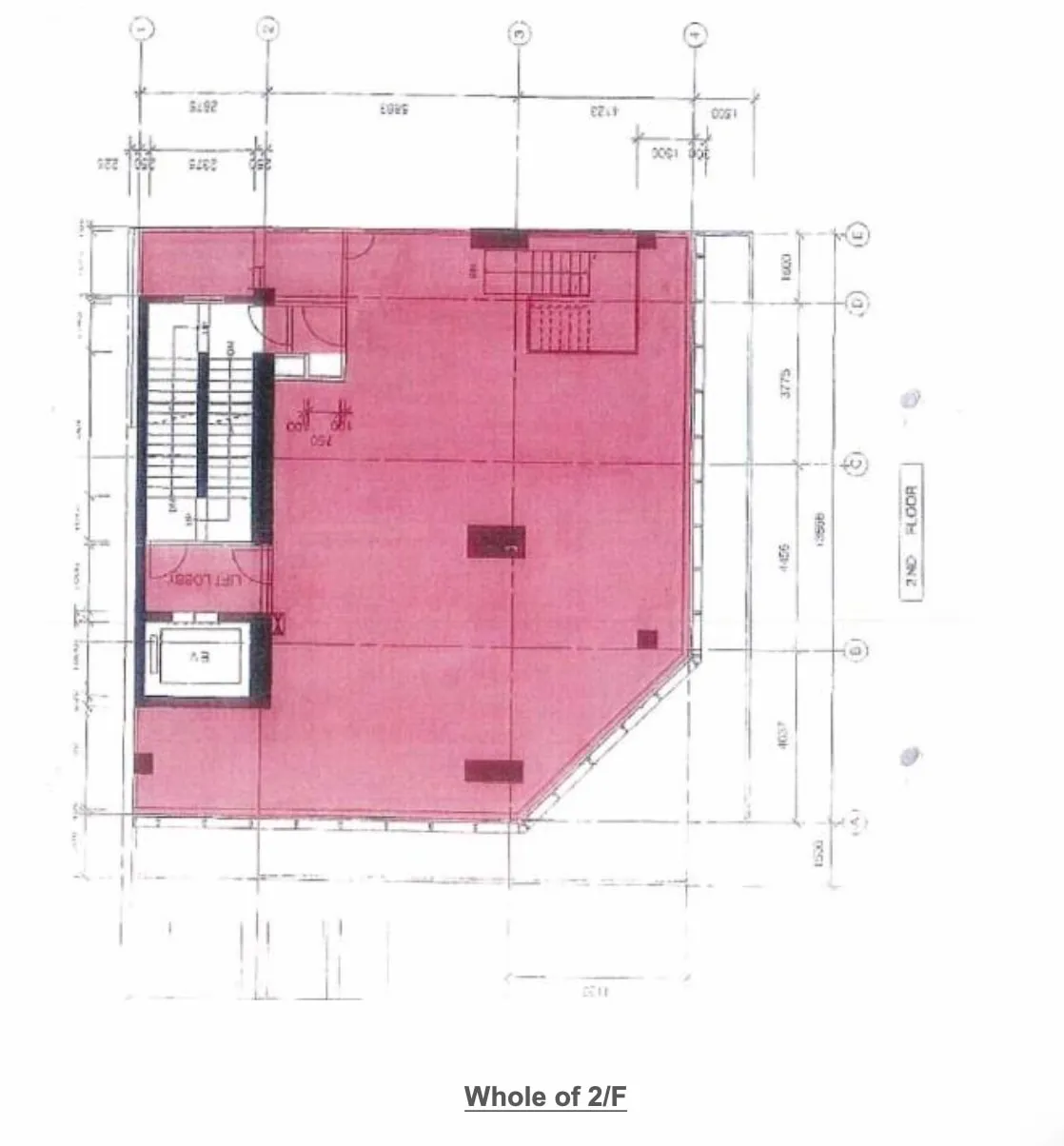 Second floor architectural floor plan in Mong Kok highlighted in pink with visible walls stairs and structural details.