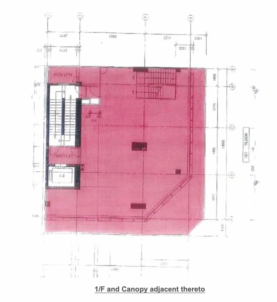 Floor plan labeled 1/F showing red central area and staircases, next to Shanghai Street in Mong Kok.