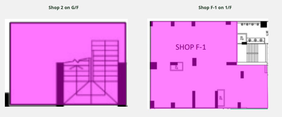 Ref#3621 features two highlighted floor plans: Shop 2 on the G/F (left) and Shop F-1 on the 1/F (right). Both have outlined areas, stairs, and small rooms—ideal for renting as a shop or restaurant.