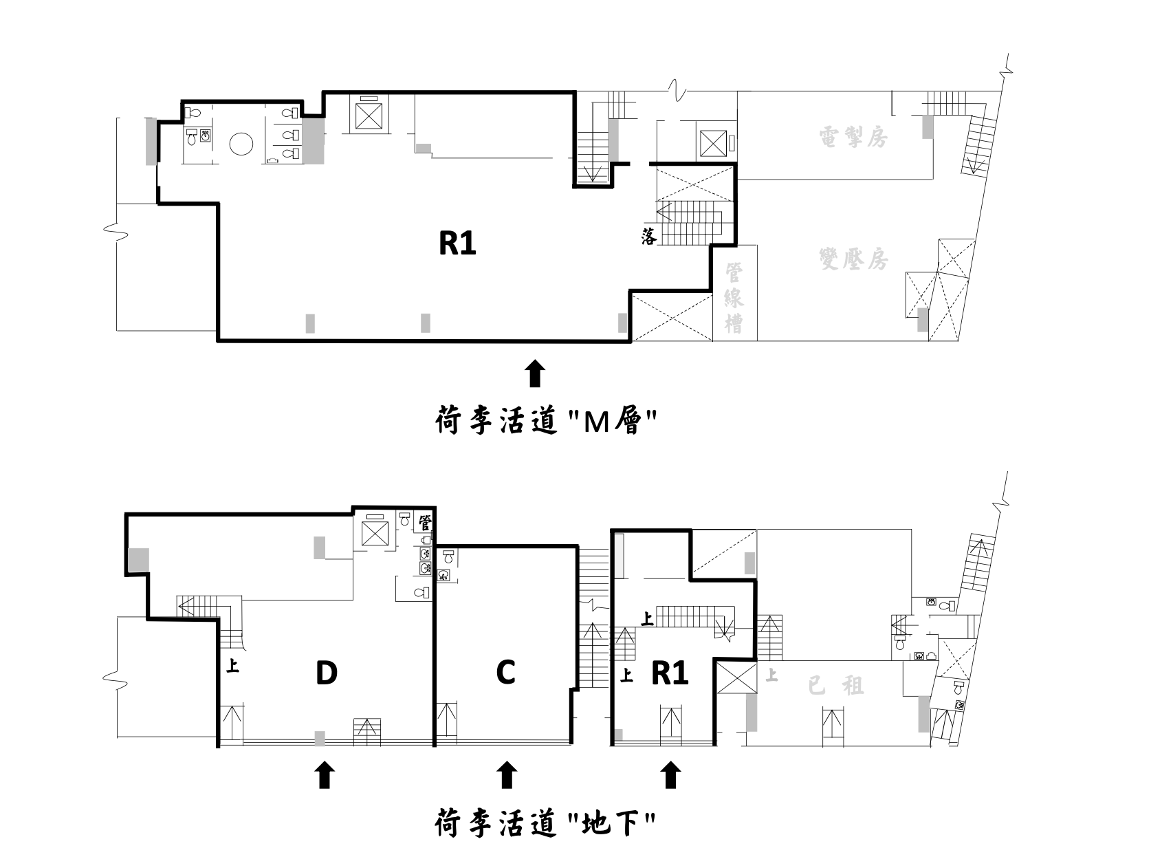 Ref#3494: The black and white floor plan diagram labels rooms R1, D, and C on the M floor and basement in Chinese, clearly marking stairs, elevators, office rentals, shop rentals, restaurant rentals, and other rooms.