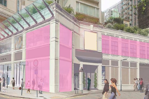 Ref#3396: Modern city corner office rental with large windows, pink accents, and a rooftop garden. Surrounded by tall buildings, this location features active street life with pedestrians nearby.