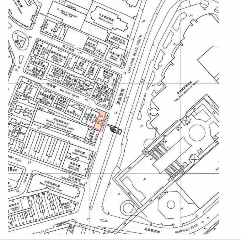 Ref#3228: Black and white map section with labeled buildings and roads in English and Chinese, showing Granville Road and Granville Road South. A highlighted building near the center left is ideal to rent as a shop or restaurant.