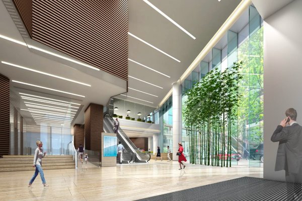 Ref#3338 features a vibrant building lobby with large windows, natural light, bamboo plants, wood accents, and an escalatorperfect for those seeking to rent office or shop space in a lively setting.