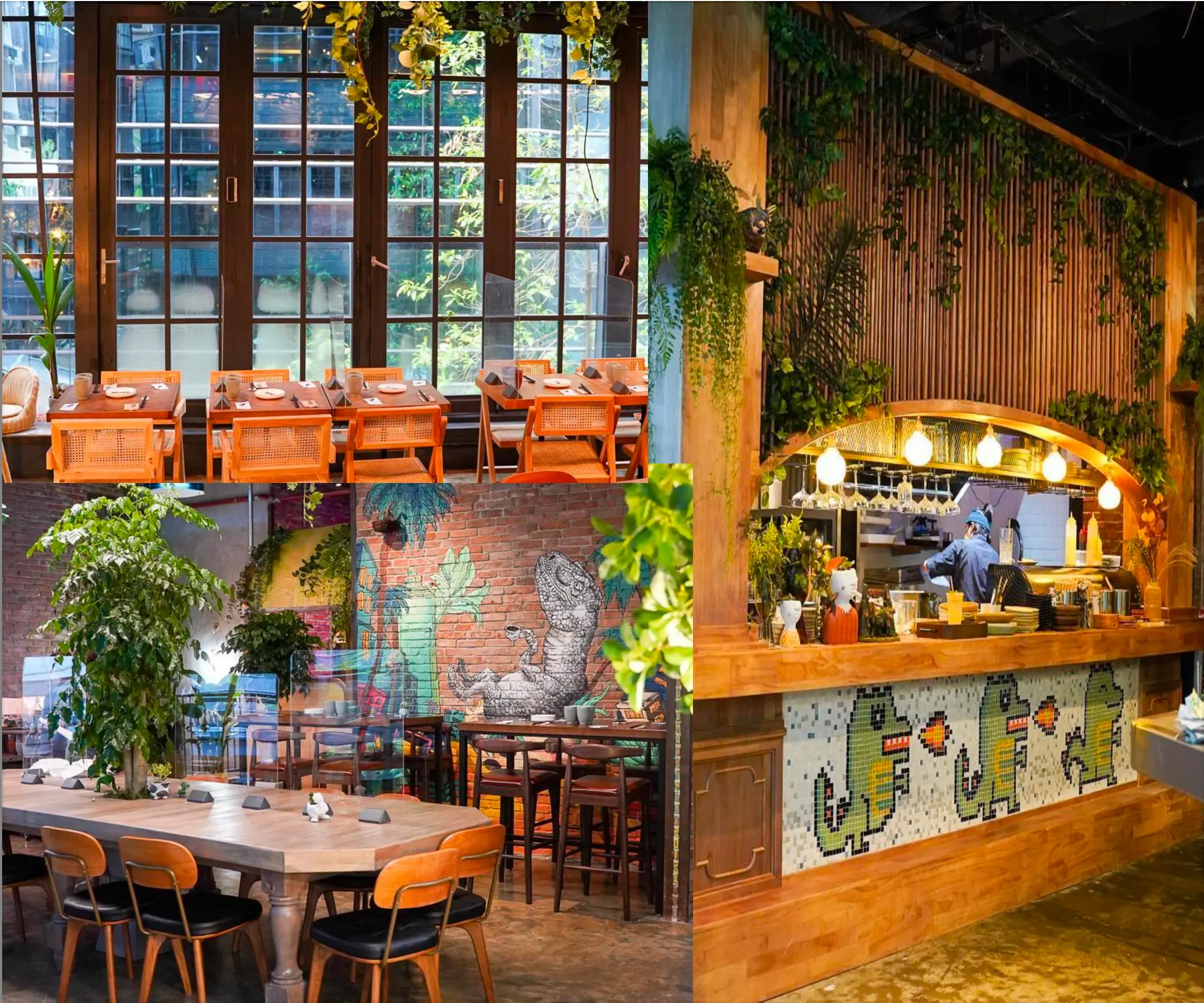 Ref#3573 features a vibrant restaurant interior with wooden tables and chairs, large windows, green plants, colorful dinosaur murals on brick walls, plus a mosaic-tiled bar area with hanging greenery26mdash;ideal for renting restaurant space.