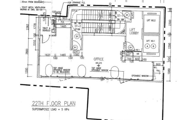 Ref#3324: Black and white architectural 22nd Floor Plan showing rentable office area, lift lobby, lift shafts, toilets, operable windows, stairs, exits, with dimensions and technical notes throughout.