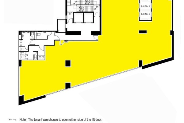 Ref#3126 features a large, irregular yellow space, multiple side roomslike restroomsand two lifts (Lift No. 8 and Lift No. 9) on the upper right, ideal for restaurant or shop rentals with tenant lift door options available.