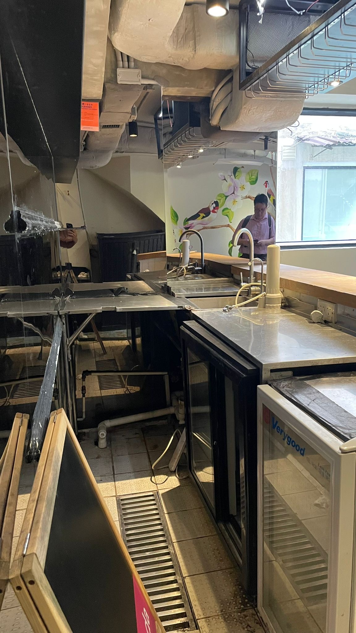 A damaged rental space (Ref#2994) with broken ceiling panels, exposed pipes, and water leaking onto the counter. A man stands by a bird mural in the background, with an open fridge visible under the counter.