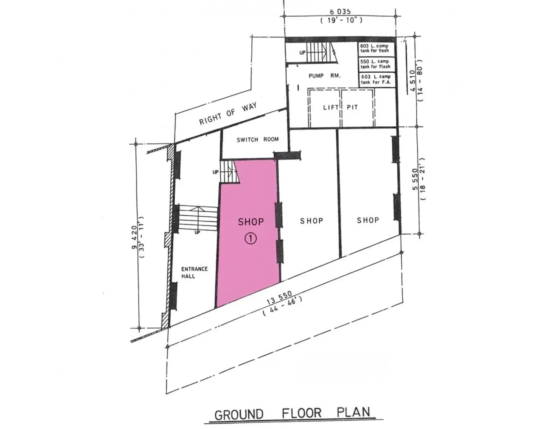 Floor plan of ground level at Lyndhurst Terrace Central showing Shop 1 in pink with labeled rooms and dimensions.