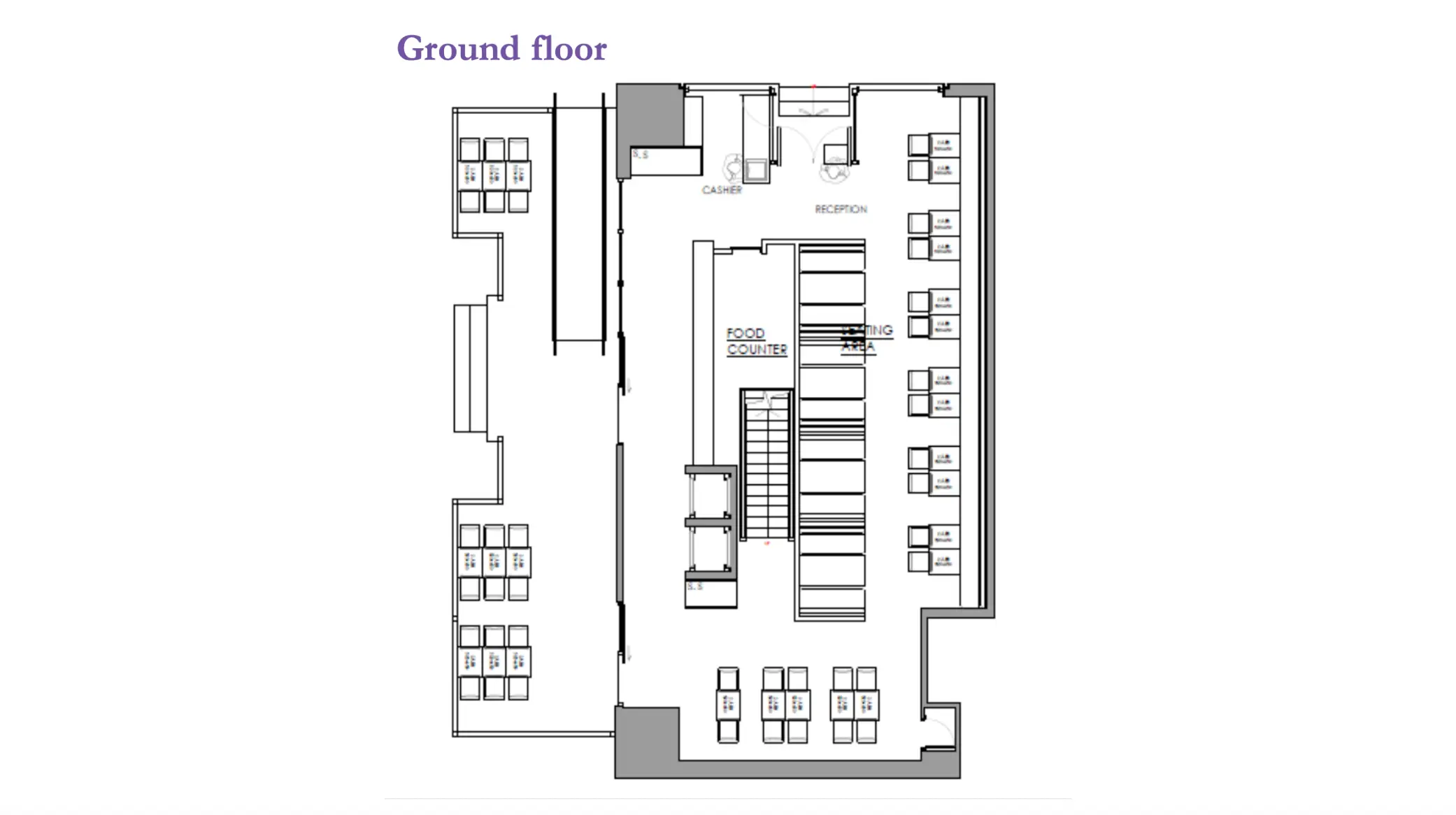 Ground floor plan at Queen’s Road East, Wan Chai with reception, food square, grouped tables, and several rooms.