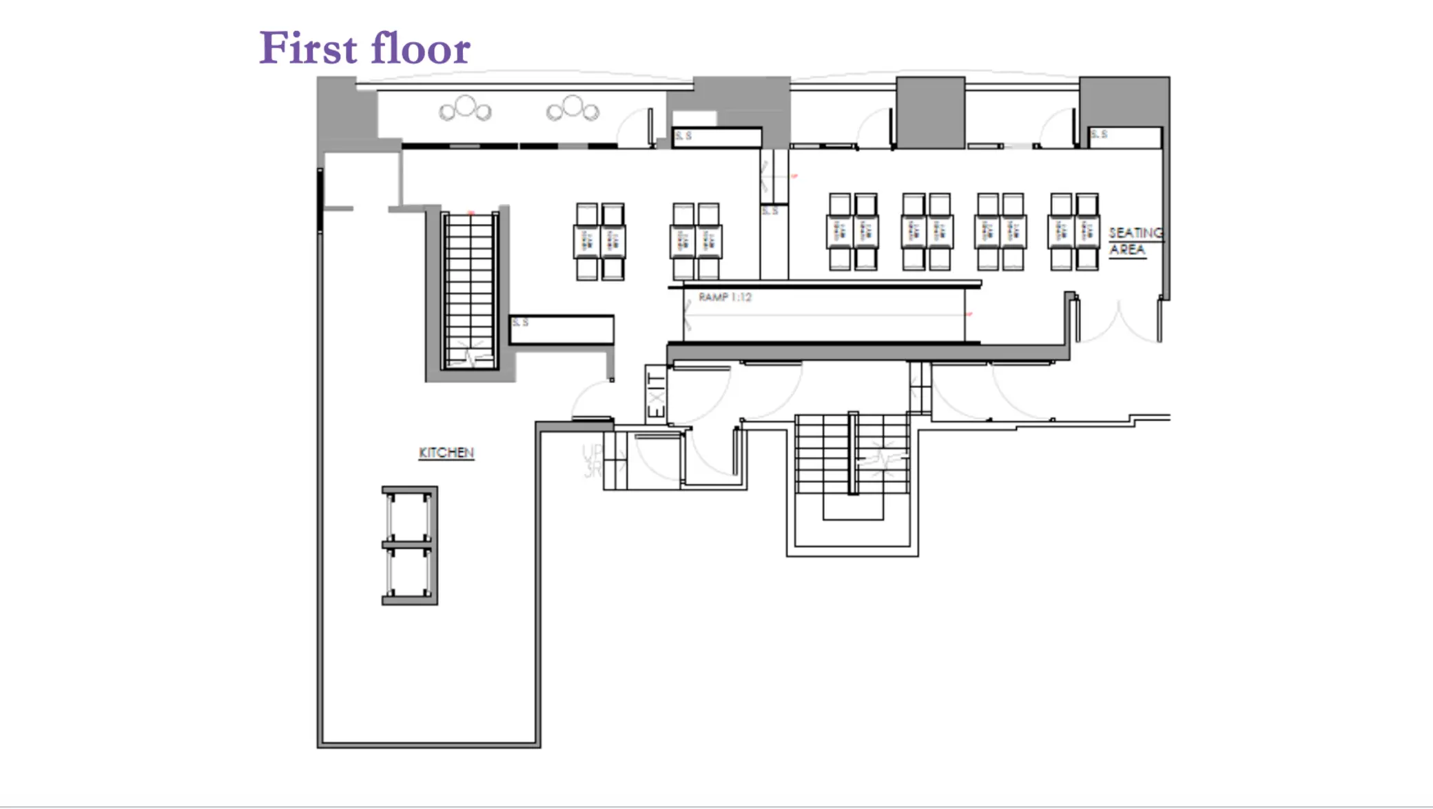 Black and white blueprint of first floor with labeled rooms and purple text. Location: Queen’s Road East, Wan Chai.