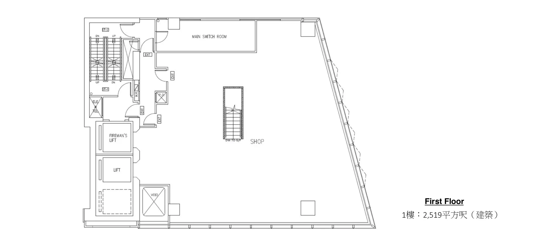 First floor shop floor plan in Causeway Bay near Jardine’s Bazaar, showing lifts, a plant room and stairs.