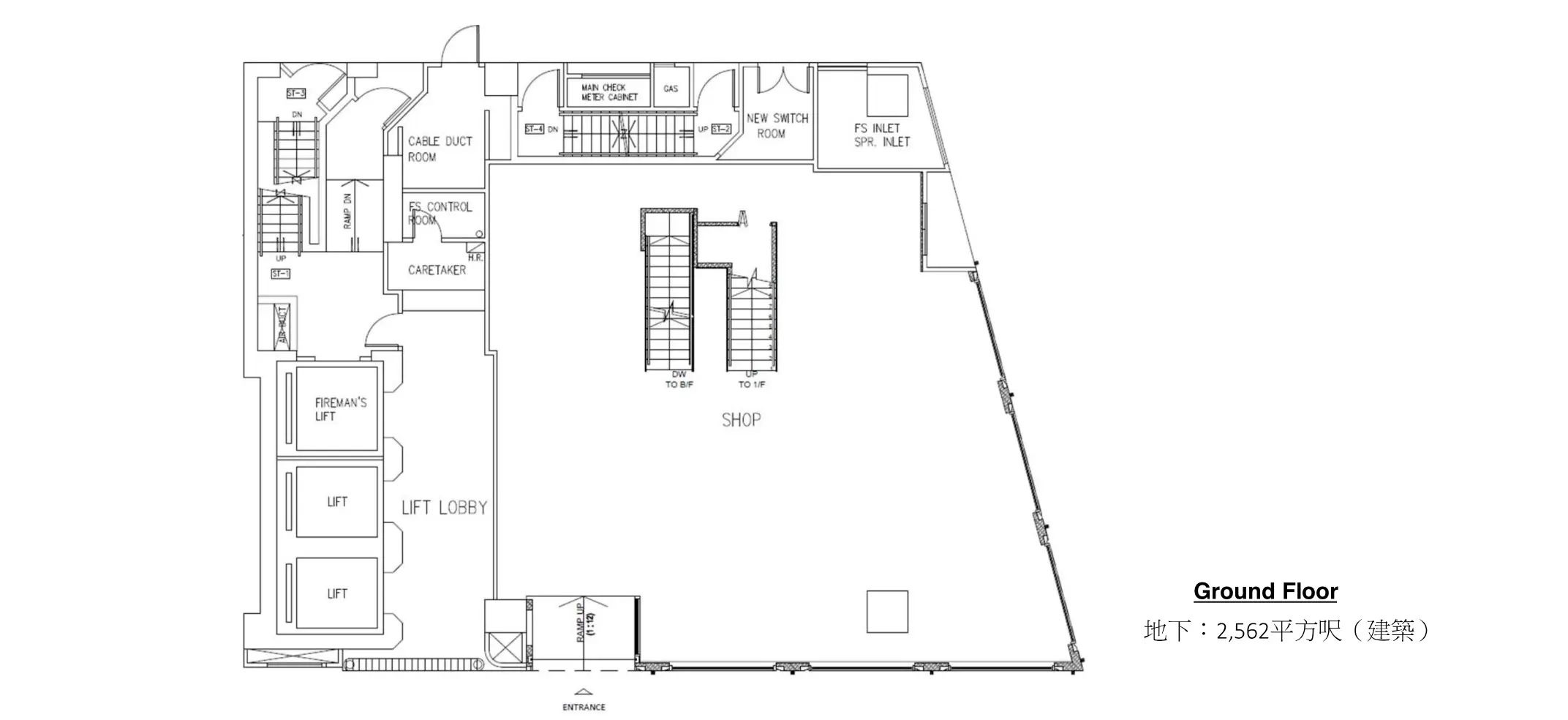 Ground floor plan at Jardine’s Bazaar, Causeway Bay showing shop space, lifts, lobby, fireman’s lift and utility rooms.