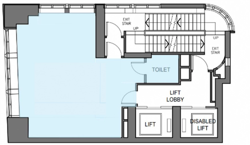 Shop on D'Aguilar Street, Central. Floor plan on D’Aguilar Street shows lifts, disabled lift, toilet, and a spacious open area.