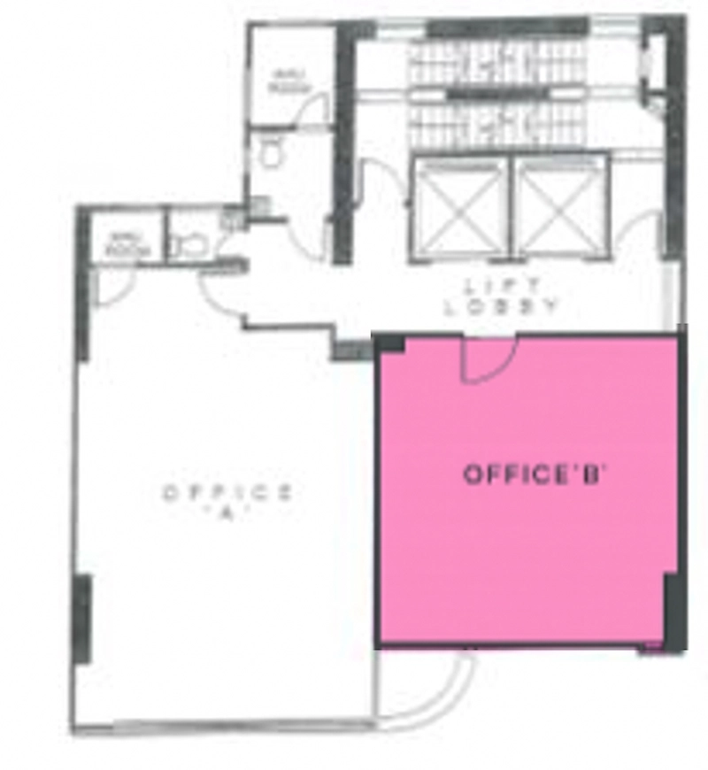 Shop on Granville Road, Jordan. Floor plan shows Office B highlighted in pink near Office A and the lift lobby.