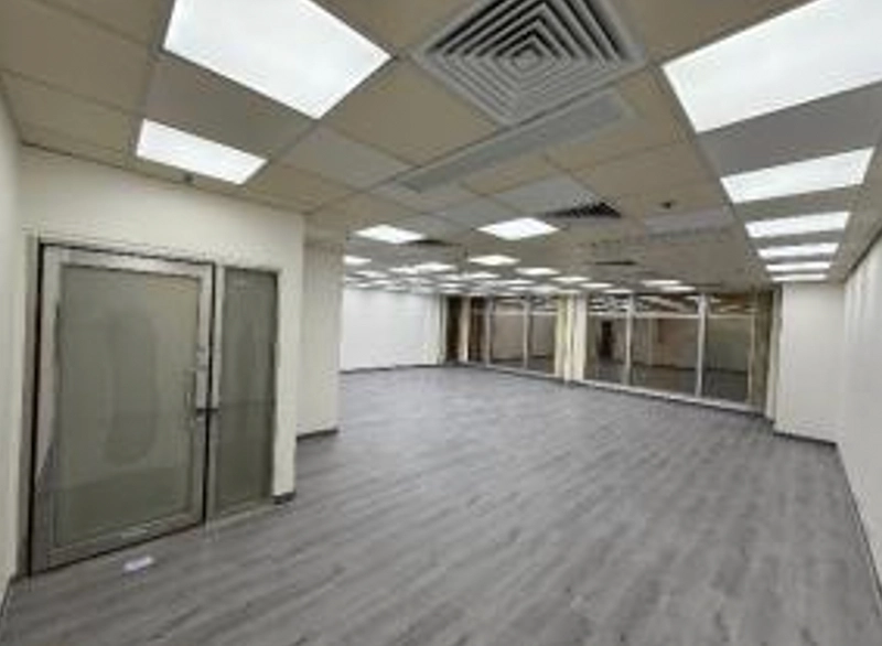 Office on Cameron Road, Tsim Sha Tsui. Office space with glass doors, large windows, white walls and fluorescent lighting.