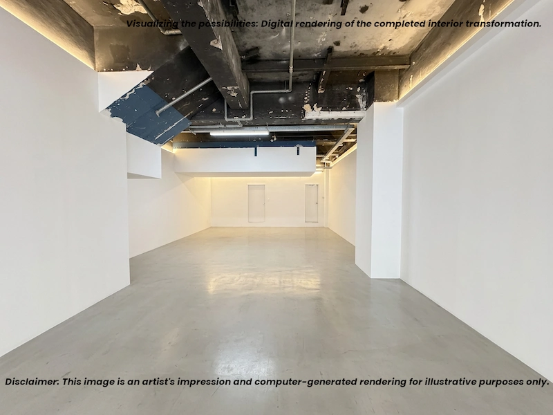 灣仔舖位。電腦效果圖顯示灣仔菲林明道一個空置白色展覽空間，橫樑外露。