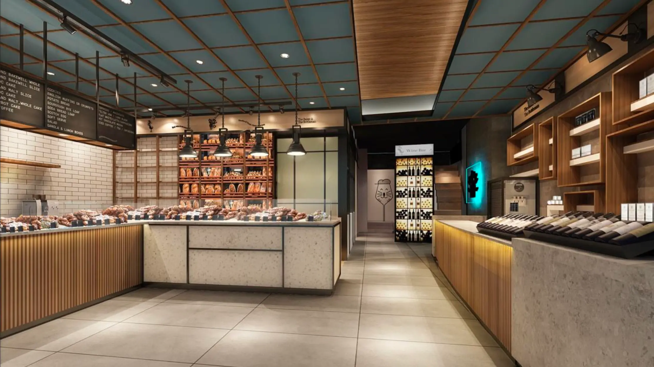 Bakery interior with tiled floors and warm lighting on Lee Tung Avenue in Wan Chai.