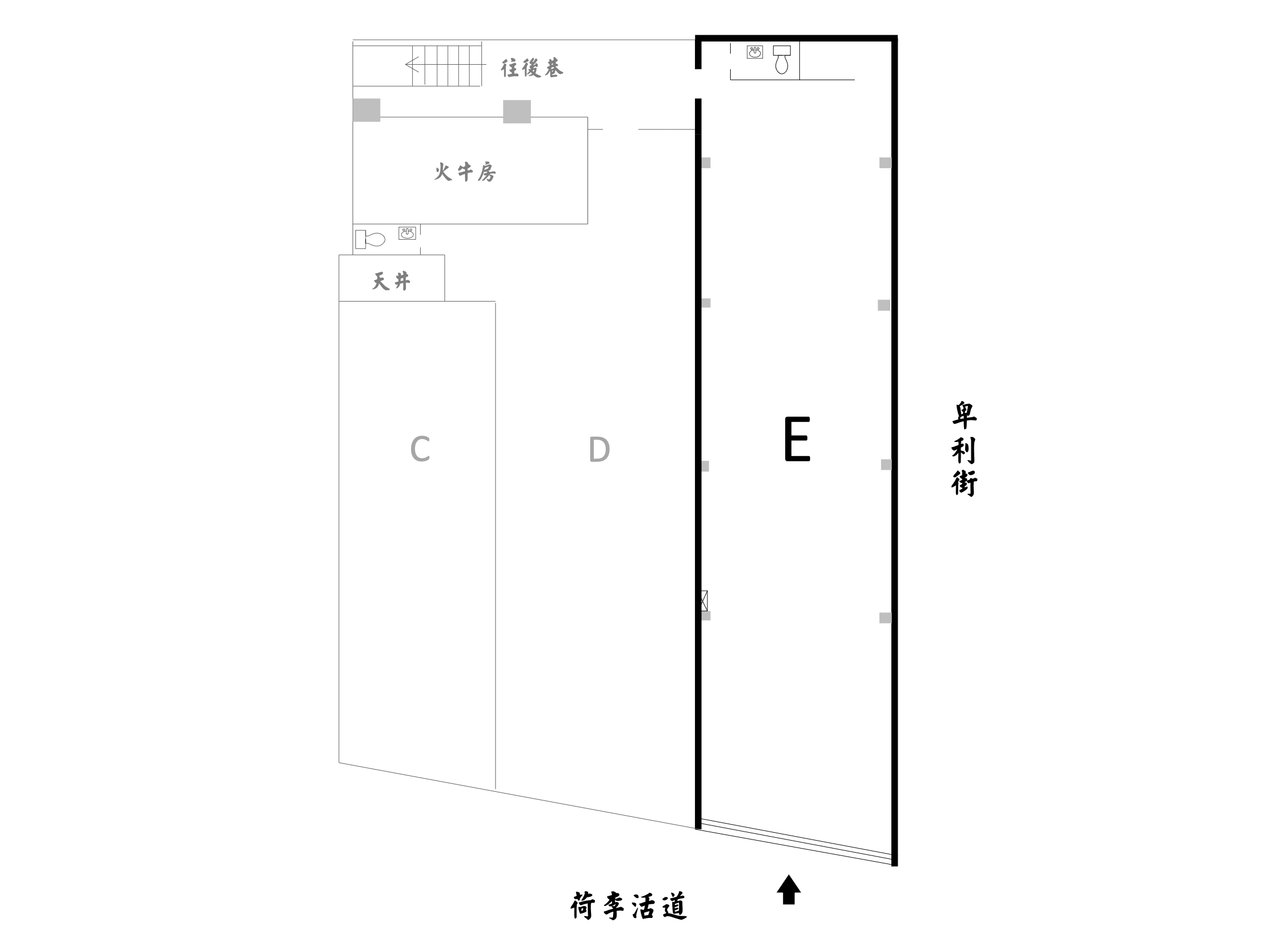 Black and white floor plan near Central on Hollywood Road with areas C D E labeled in Japanese and directional arrows.