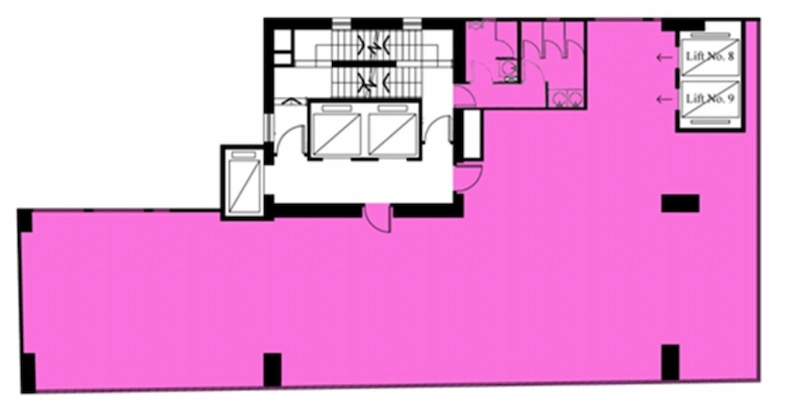 Restaurant space on Wellington Street, Central. Central floor plan showing a pink area located by elevators, stairs, and Wellington Street entrances and exits.
