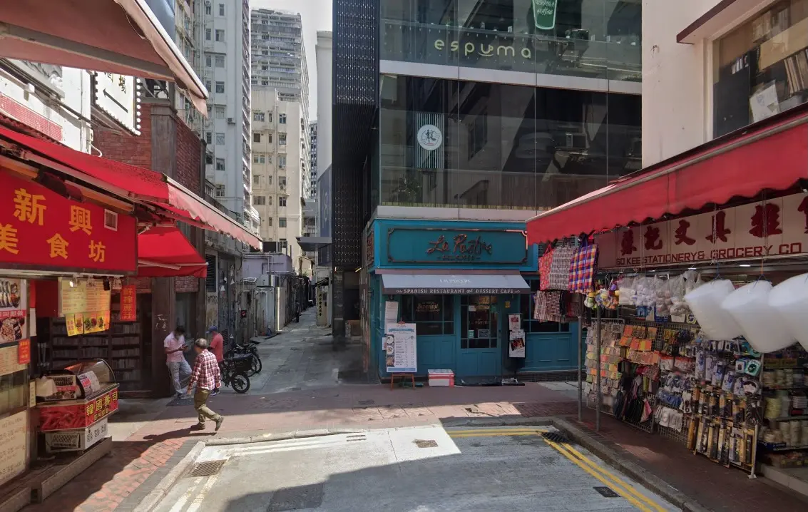 Restaurant space on Hau Fook Street, Tsim Sha Tsui. Narrow street lined with small shops, one with a blue storefront, and people walking on a sunny day.