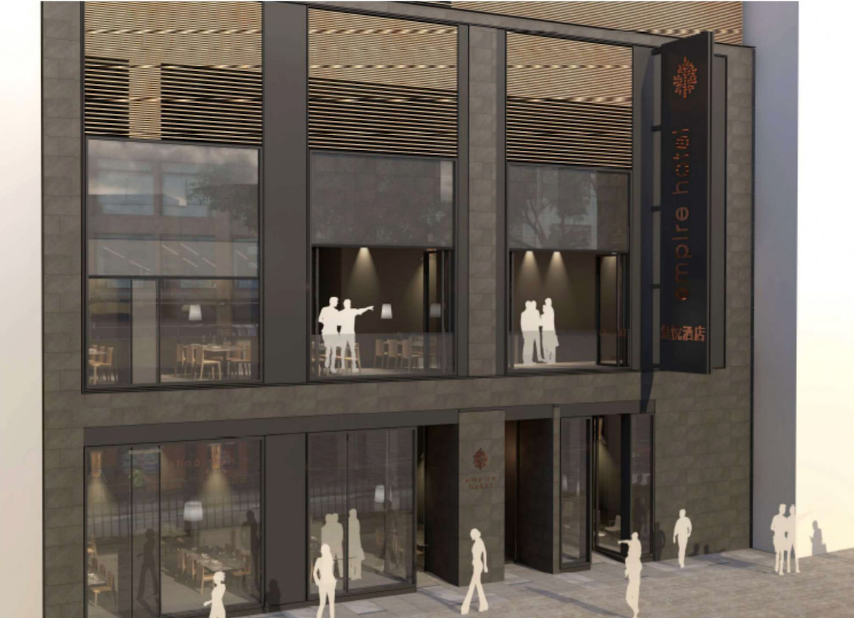 Modern building facade on Kimberley Street with Empire Hotel sign and silhouettes of people inside and outside.