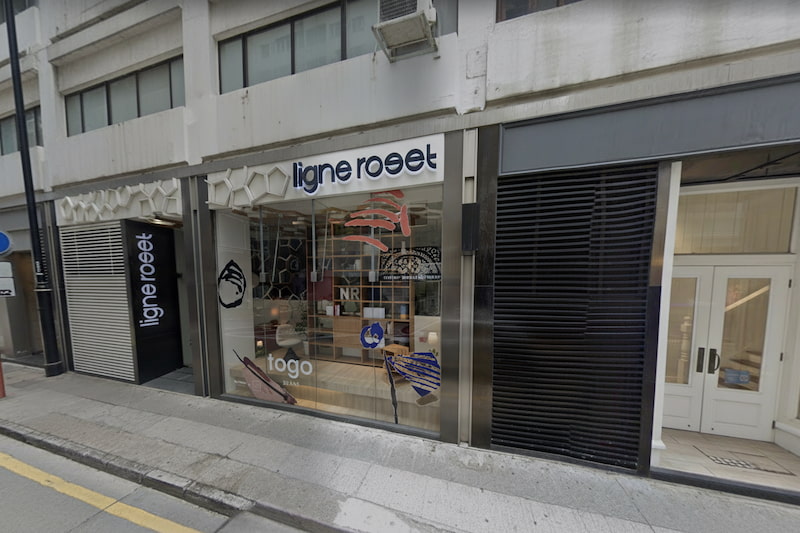 Restaurant space on Leighton Road, Causeway Bay. Modern Ligne Roset storefront, with large windows showing furniture displays.
