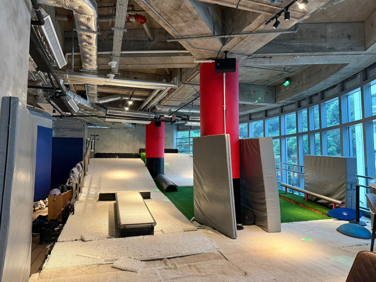 Indoor gym on Yip Kan Street with padded floor, red columns, mats, benches, and large windows along the right side.