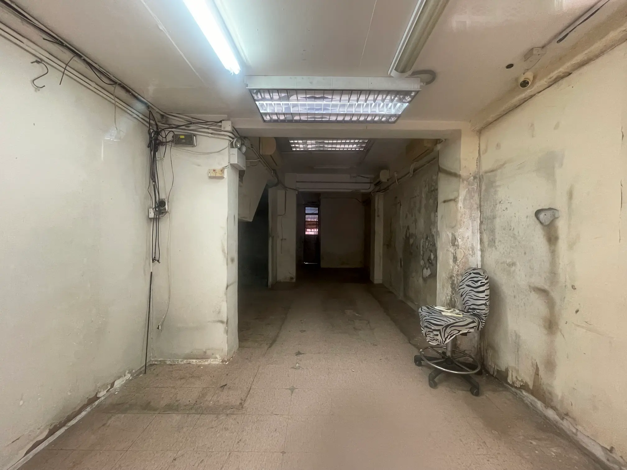 高街旁一條狹窄走廊，光線昏暗，牆身有損毀，外露電線，右邊牆旁有一張斑馬紋座椅。