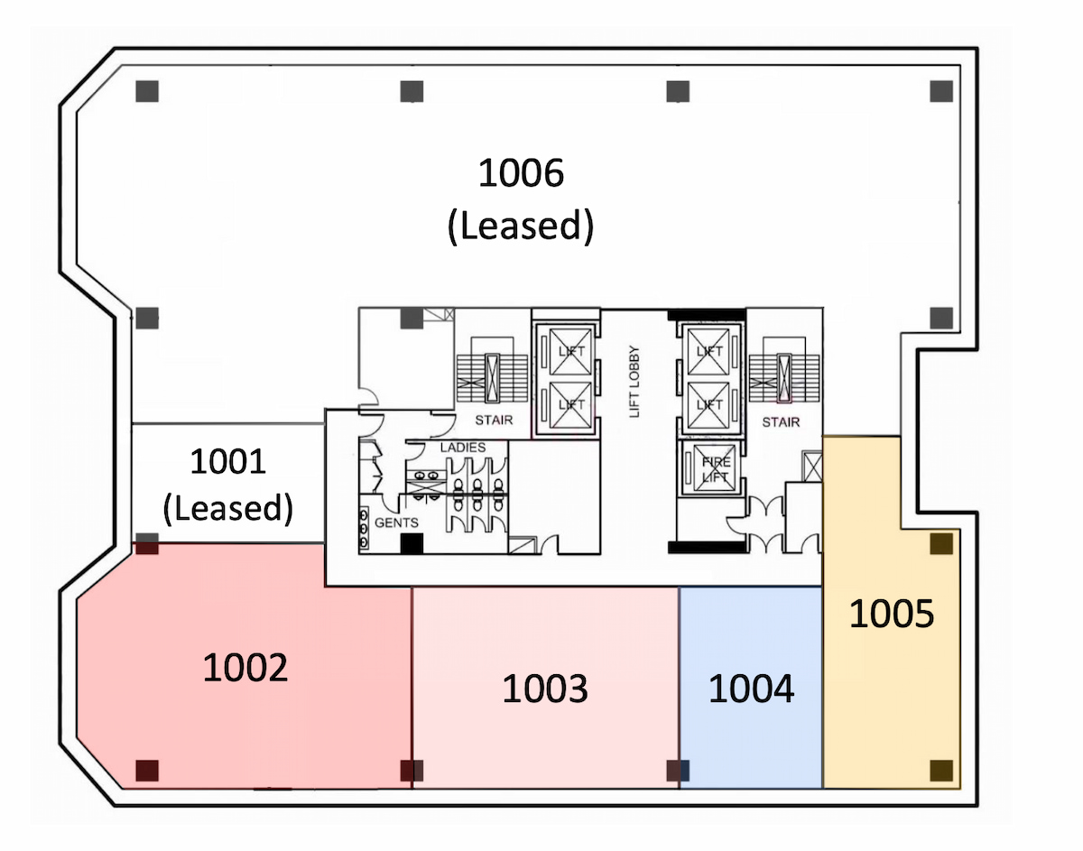 Floor plan of office units 1001 to 1006 on Granville Road Tsim Sha Tsui with restrooms stairs lift lobby and corridors shown.