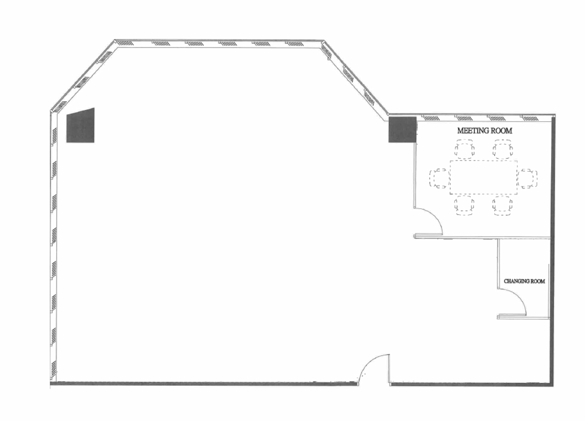 Floor plan on Granville Road, Tsim Sha Tsui showing open area, meeting room, and small changing room.