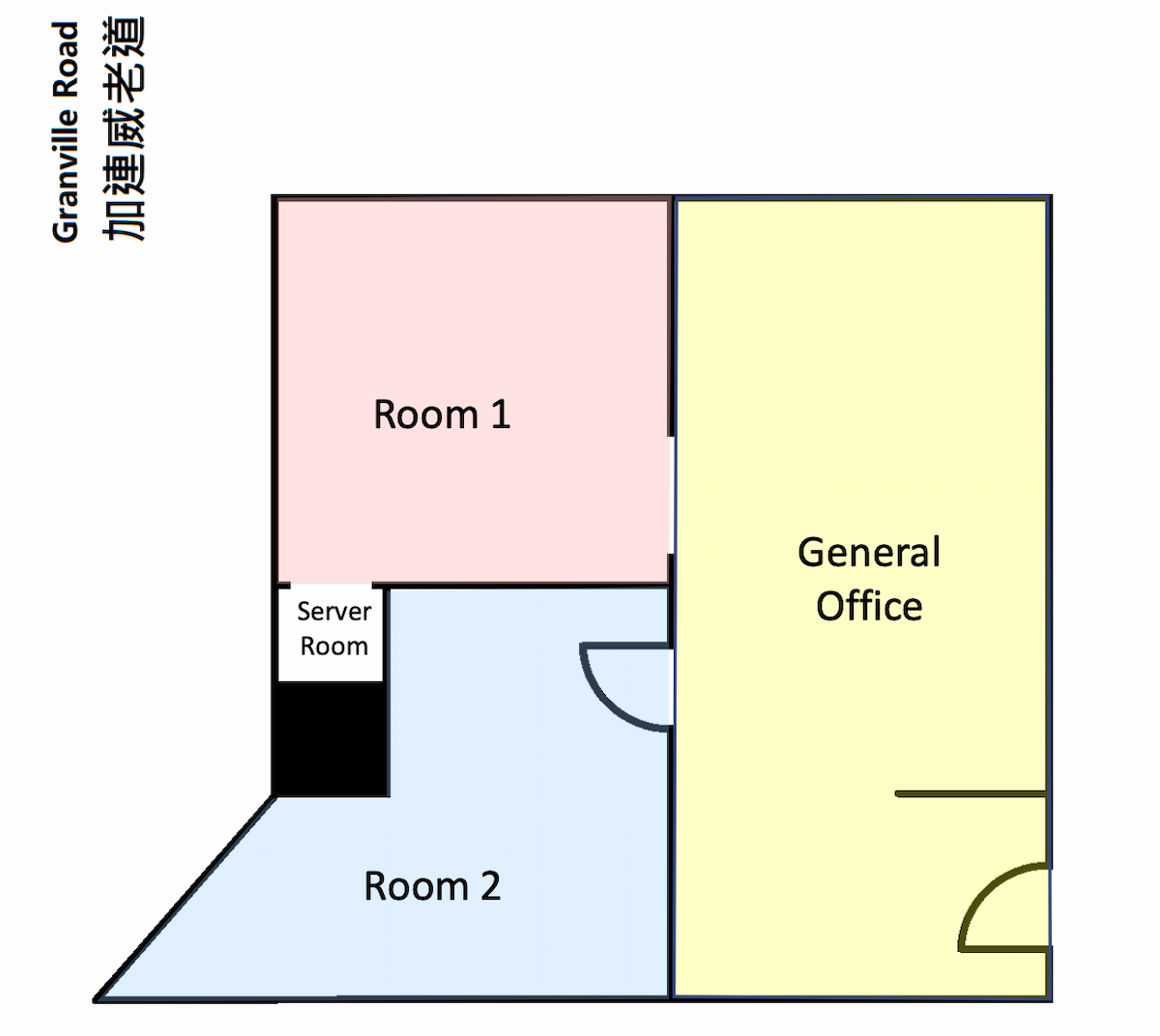 Floor plan showing Room 1, Room 2, Server Room, General Office with Granville Road Tsim Sha Tsui labeled on the left.