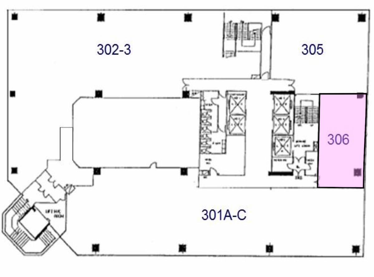 Black and white floor plan showing rooms 3023, 305, highlighted 306, and 301A to C in Tsim Sha Tsui Granville Road.