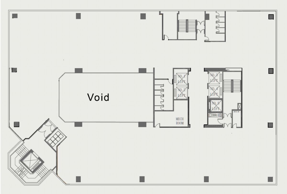 Black and white floor plan of a Granville Road Tsim Sha Tsui building with central void, stairwells and elevators on right.