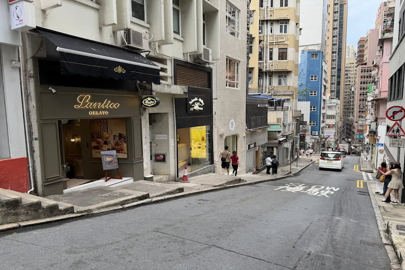 A sloped street in Hong Kong with shops, pedestrians, tall buildings, and a Plush Flower Shop among them.