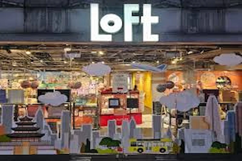 LOFT Hong Kong storefront with cityscape and cloud decorations, Japanese lifestyle goods, and interior shelves visible.