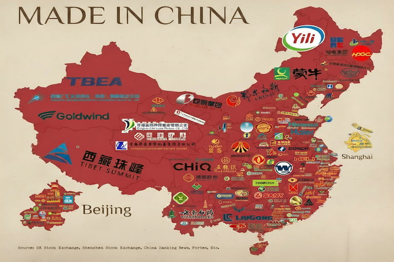 Map of China titled Made in China, showing logos of major Chinese companies by region, including Beijing and Shanghai.