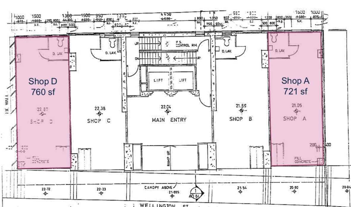 平面圖左側顯示Shop D 760平方呎，右側顯示Shop A 721平方呎，均以粉紅色標示。