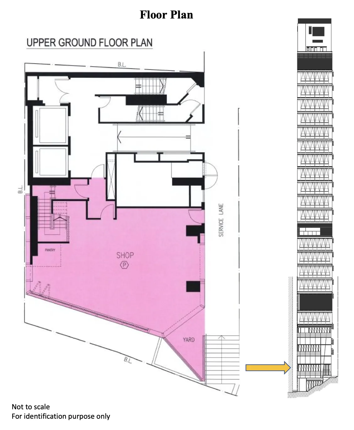 Floor plan for Ref#3573 displays the upper ground floor with a large pink-labeled rent shop area, staircases, yard, service lane, and an arrow indicating the shop26rsquo;s location in the building26rsquo;s vertical cross-section.