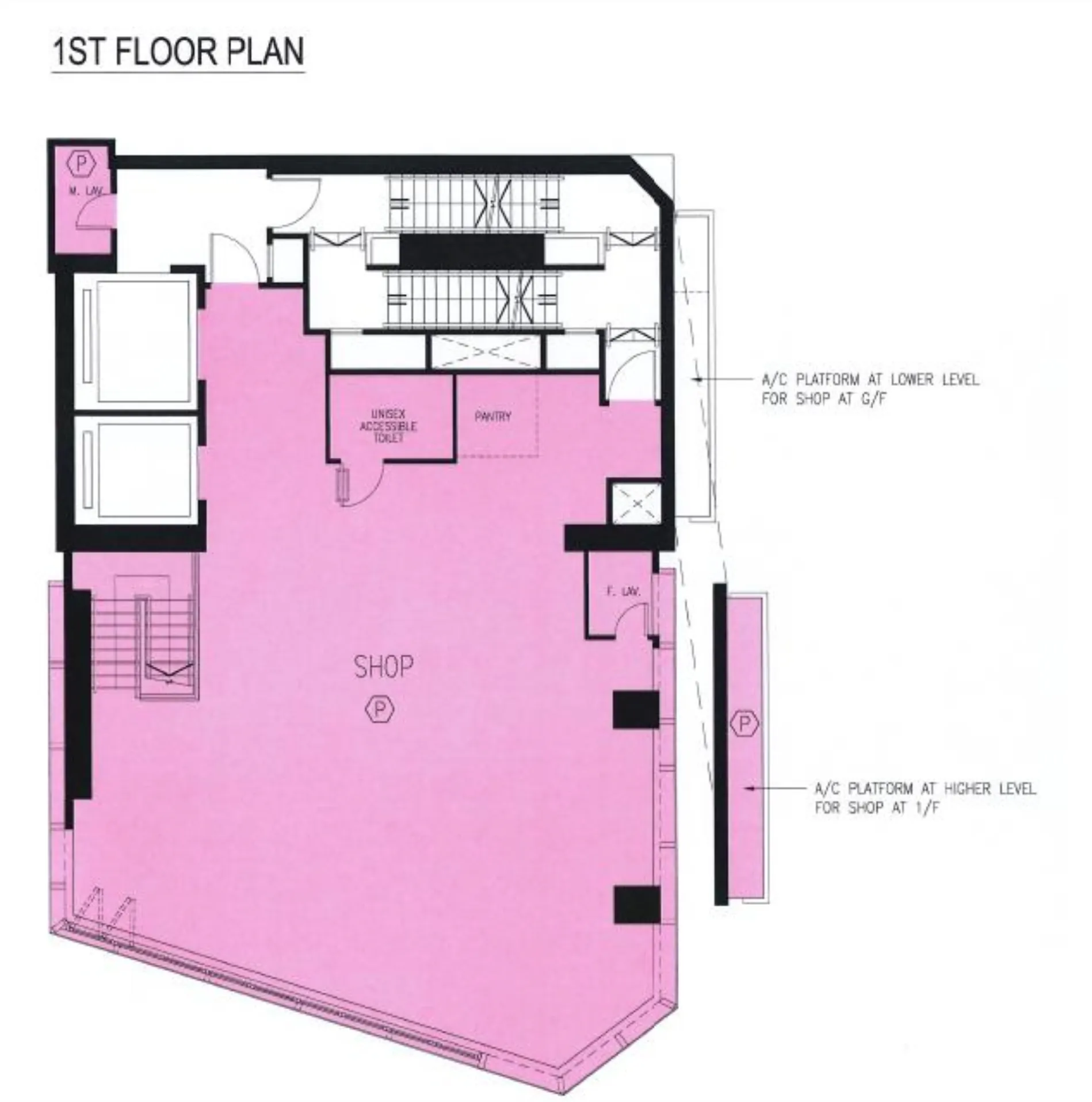 Ref#3573: 1st floor plan with a spacious pink-shaded shop area26mdash;ideal for shop or restaurant rental. Includes staircases, elevators, restrooms, A/C platforms on two levels, plus entrances and service areas on the perimeter.