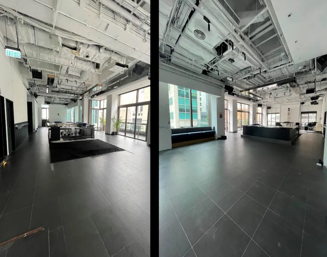Ref#3601 offers a spacious, modern office for rent with exposed ceilings, black tile floors, large windows, minimal furniture, and abundant natural lighta recently renovated open space in a prime location.