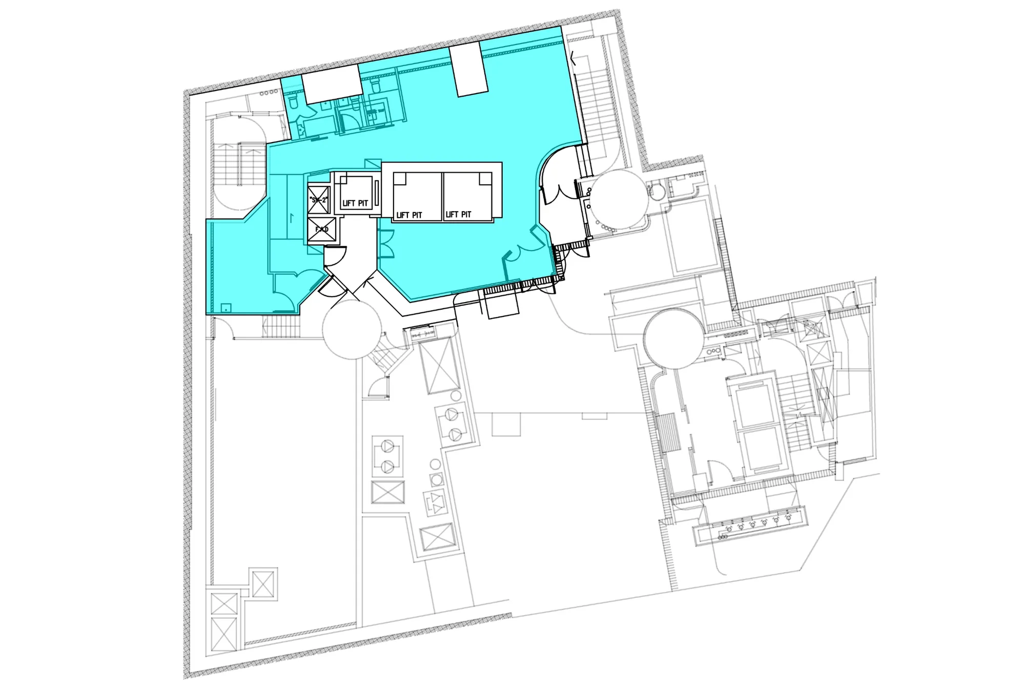 Floor plan showing central rooms and Gage Street features in black outlines with one section highlighted in blue.