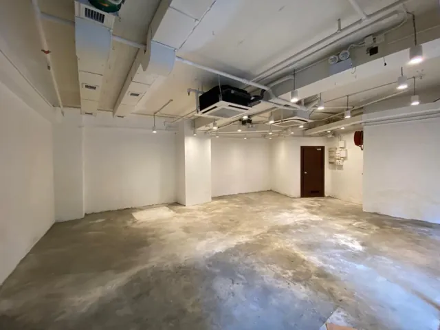 半山區一個未完成裝修的房間，設有白牆、外露喉管、水泥地面，後方有一道門。