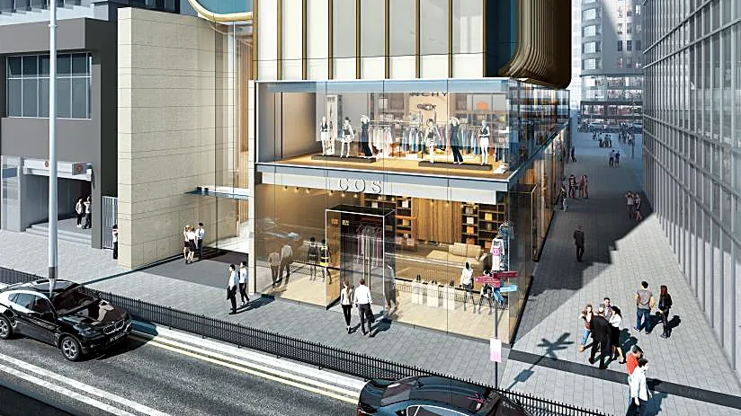 Artist's impression of the corner shopfront at Takshing House on Des Voeux Road Central, Central.