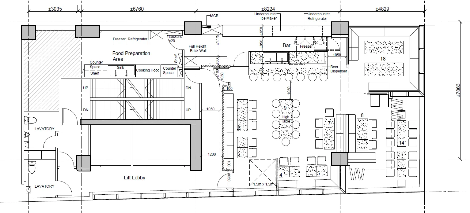 Fitted restaurant at H Code The Steps, Central – existing layout with bar, kitchen and seating