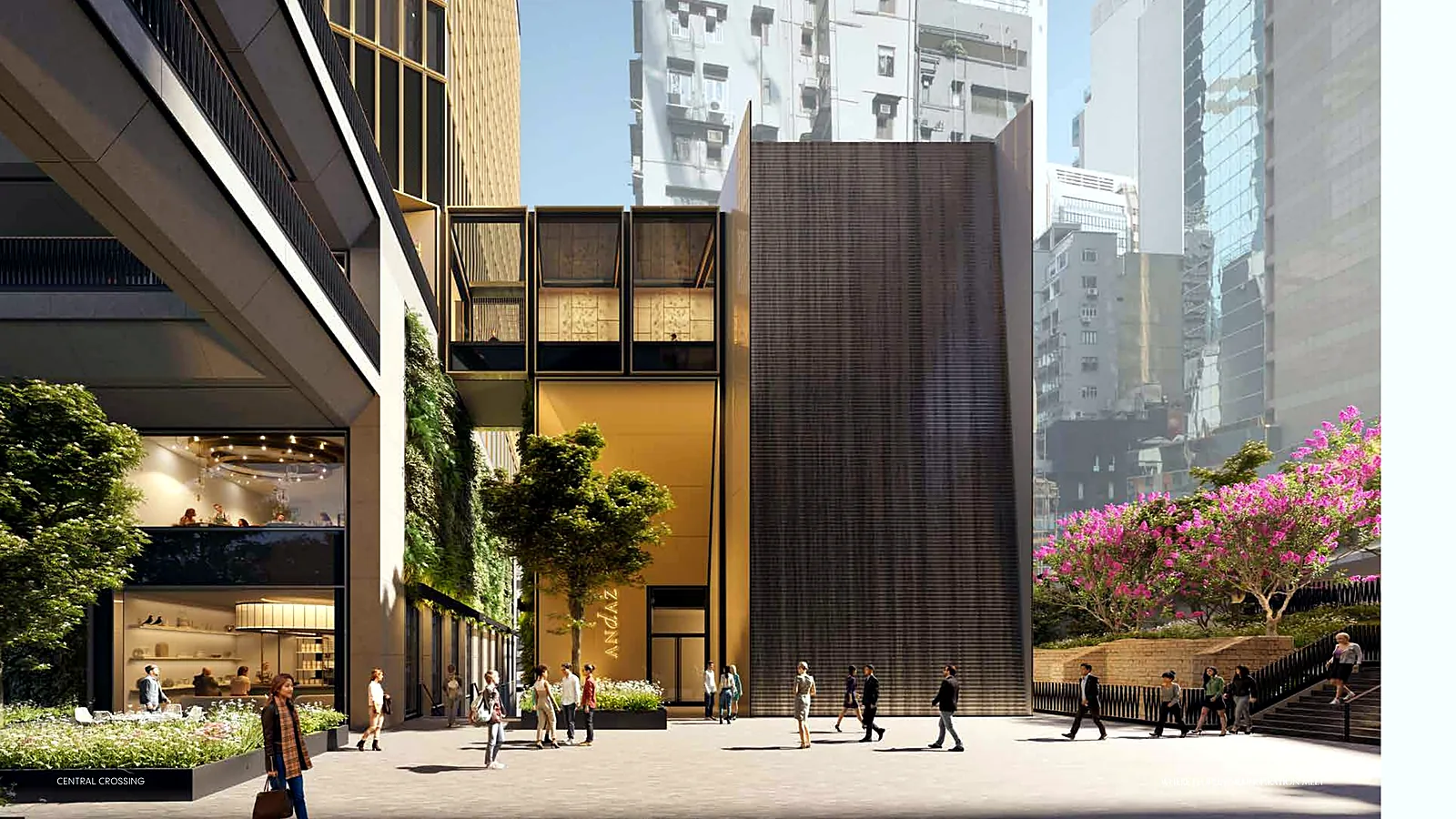 Restaurant at Central Crossing, Central – Andaz plaza entrance and living wall