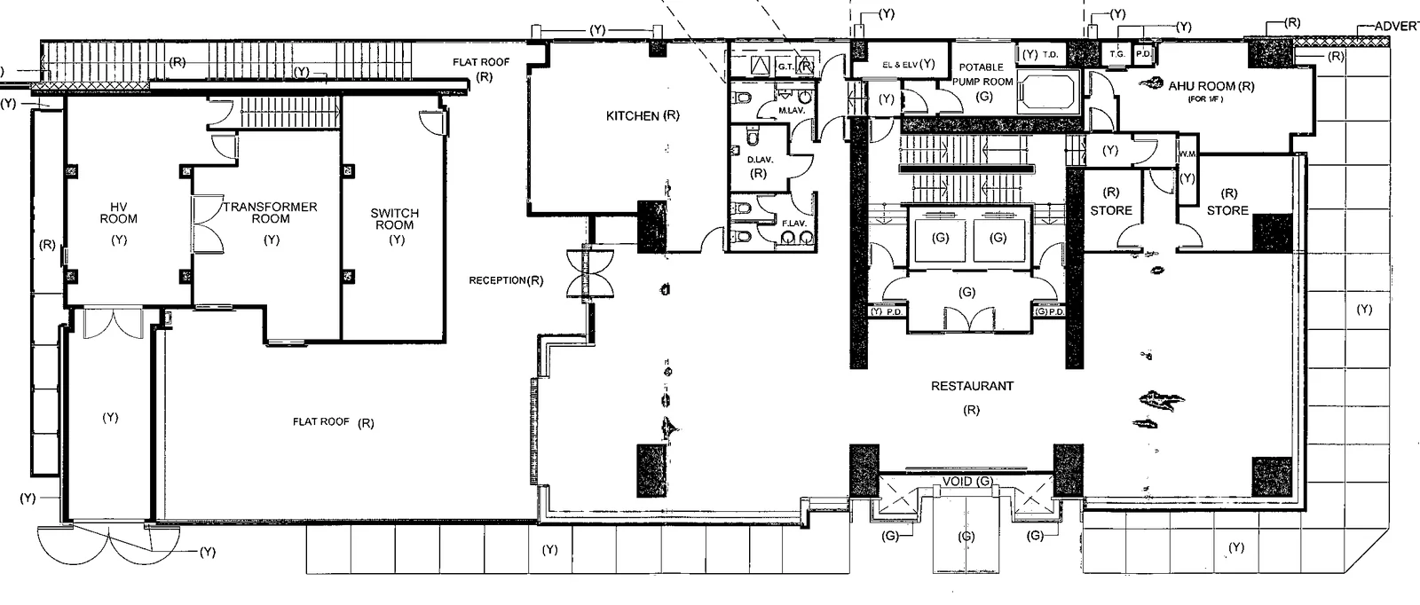 Restaurant floor plan at The Hudson, Kennedy Town showing flat roof areas