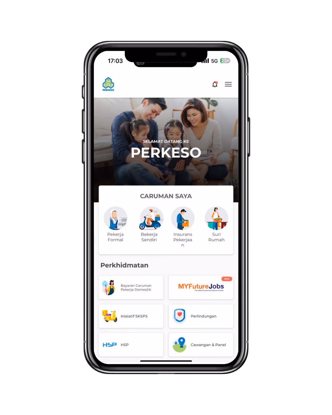 Paparan halaman utama aplikasi PRIHATIN PERKESO