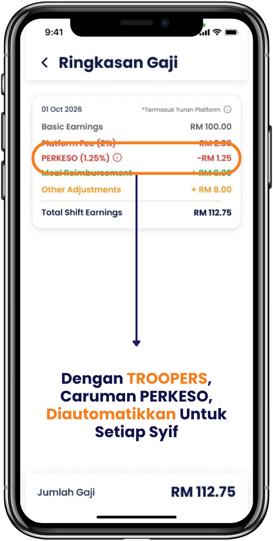 Contoh paparan Ringkasan Pendapatan TROOPERS dengan potongan PERKESO 1.25 peratus bagi setiap syif